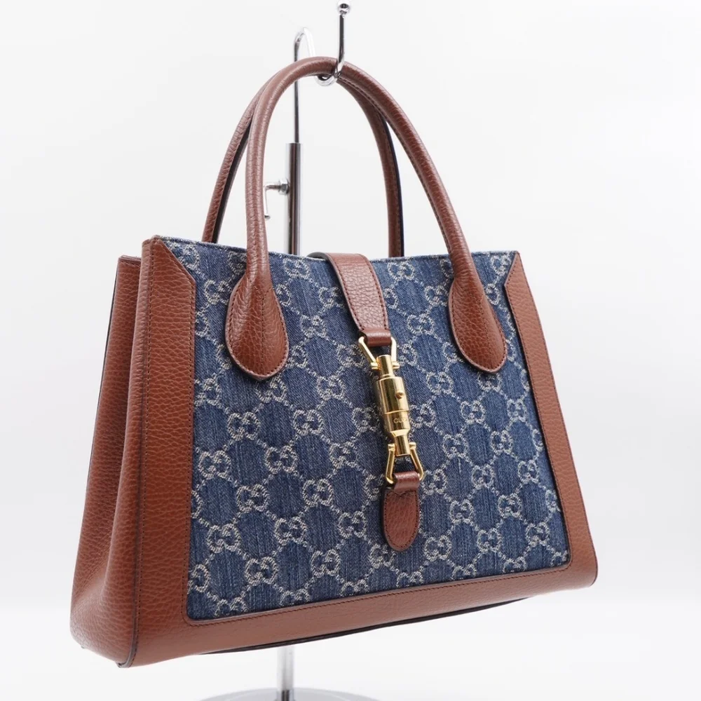 CF08 💟 GUCCI Jackie GG Denim and Leather Medium - Picture 5 of 15